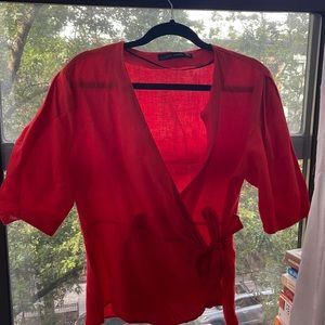 Red Linen Wrap Shirt Zara